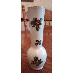 Vintage Lefton Porcelain Christmas Bud Vase: Holly & Berries, Gold Rim